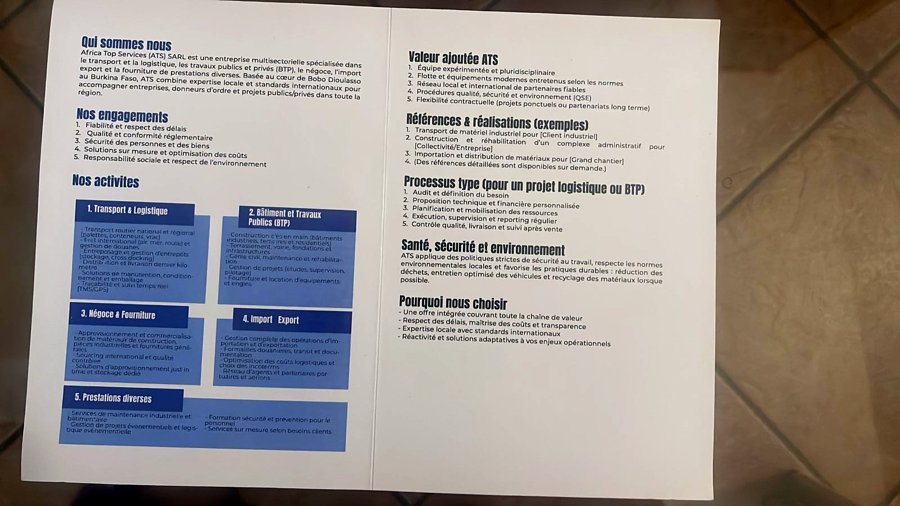 Brochure Africa Top Services présentant les activités de l’entreprise